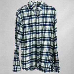 Lands' End Slim Fit  Flannel Mens L Blue Plaid Button-Up Shirt Long Sleeve